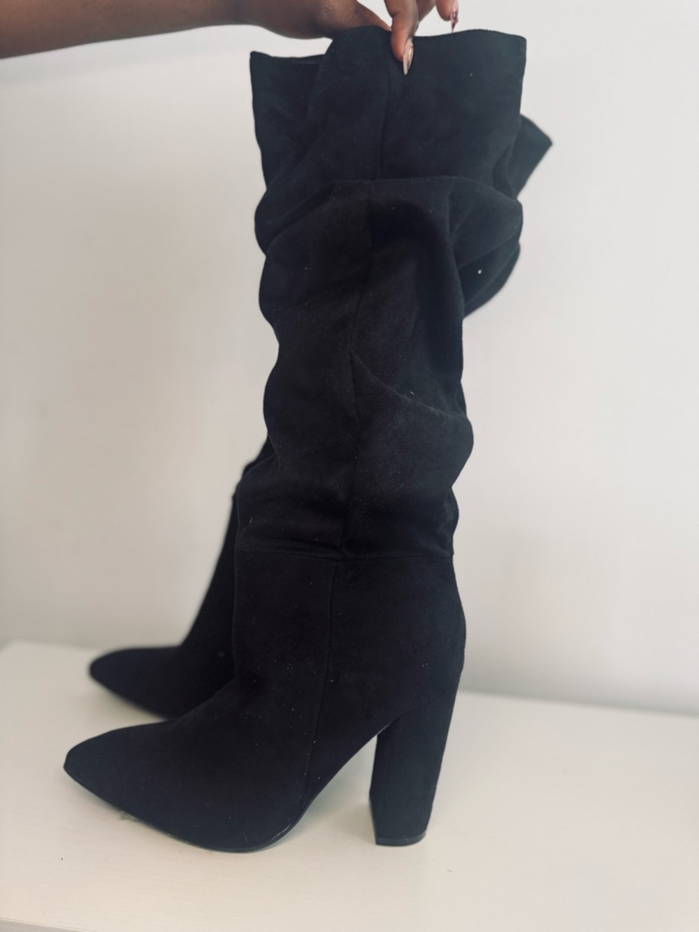 Black Slouchy Pointed-Toe High Heel Boots